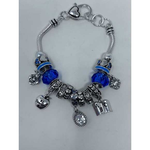 Teacher Charm Bracelet Blue Apple #1‎ Teacher Book ABC Heart Spacers 8" Long - Picture 1 of 6